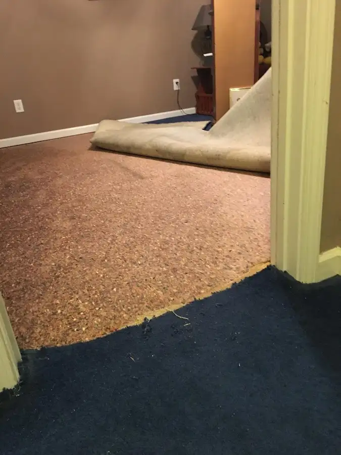 Carpet pad removal revealing water damage during Water Mitigation Services in Sumner